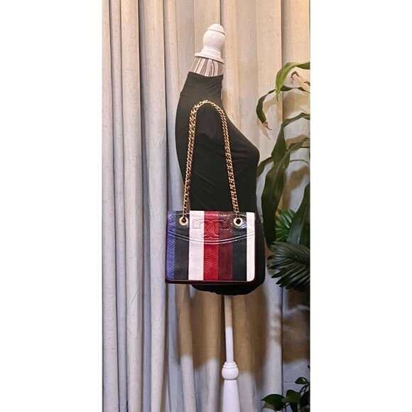 RARE!! Tory Burch Multi-Color Striped Fleming Python Chain Strap Shoulder Bag - Picture 11 of 11